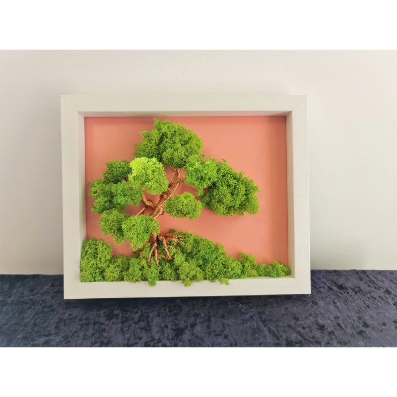 Bonsai din sarma cu licheni fond roz 2